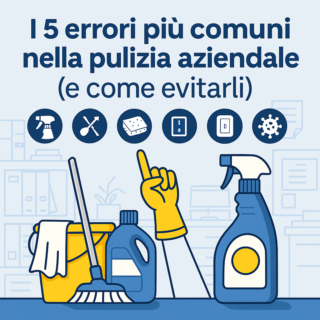 Illustrazione prodotti pulizia professionale con testo su errori comuni nella pulizia aziendale.
