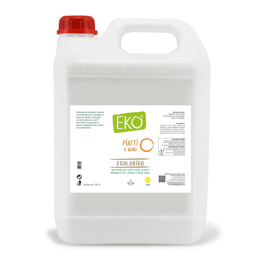 Tanica di detersivo ecologico per piatti a mano EKO, formato 5 litri, ideale per pulizia professionale.