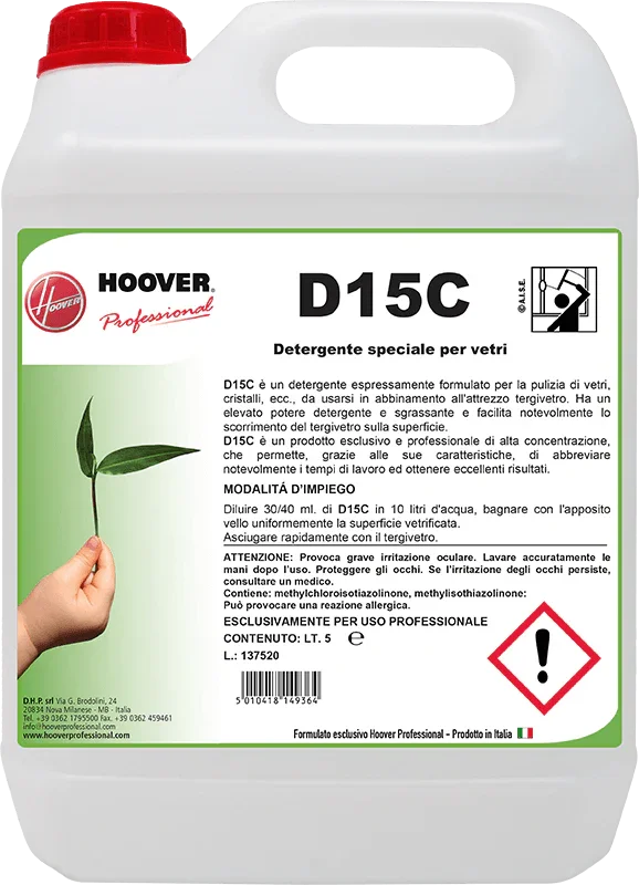 Tanica detergente professionale per vetri D15C con tappo rosso e etichetta informativa.