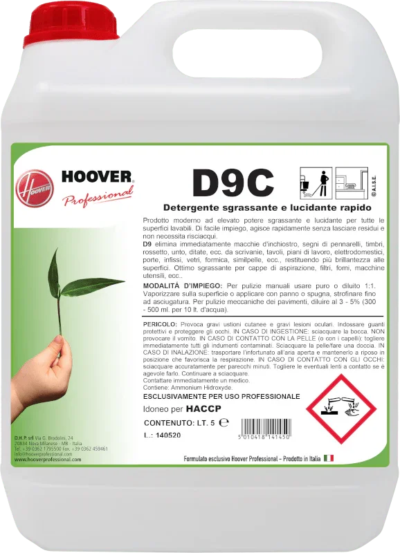 Tanica da 5 litri di detergente sgrassante e lucidante rapido D9C per superfici lavabili.