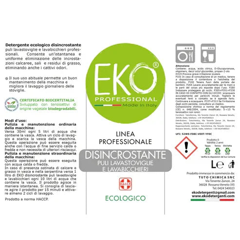 Etichetta del detergente ecologico disincrostante EKO Professional per lavastoviglie e lavabicchieri, uso professionale, prodotto per pulizia e igiene.
