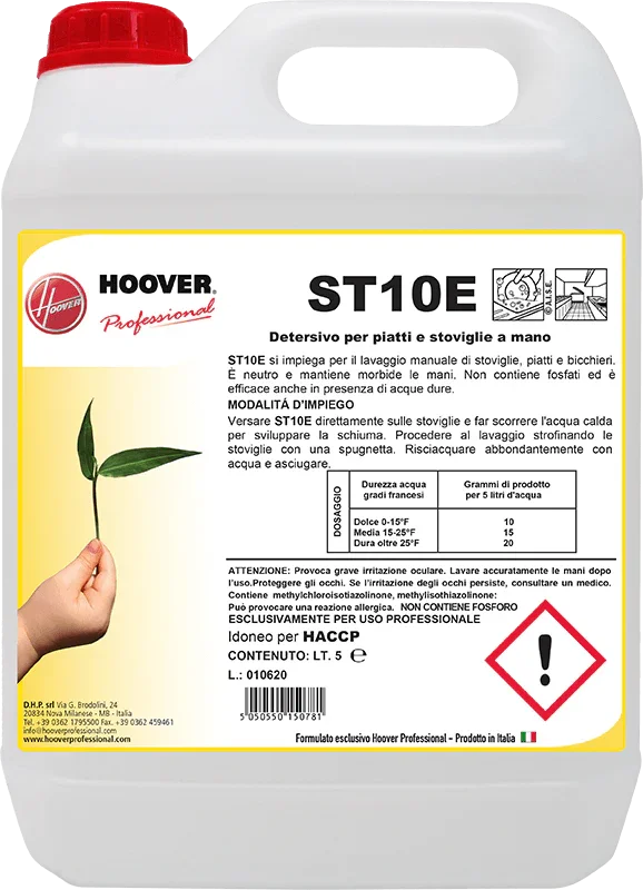 Tanica di detergente professionale ST10E per lavaggio manuale di piatti e stoviglie, 5 litri.