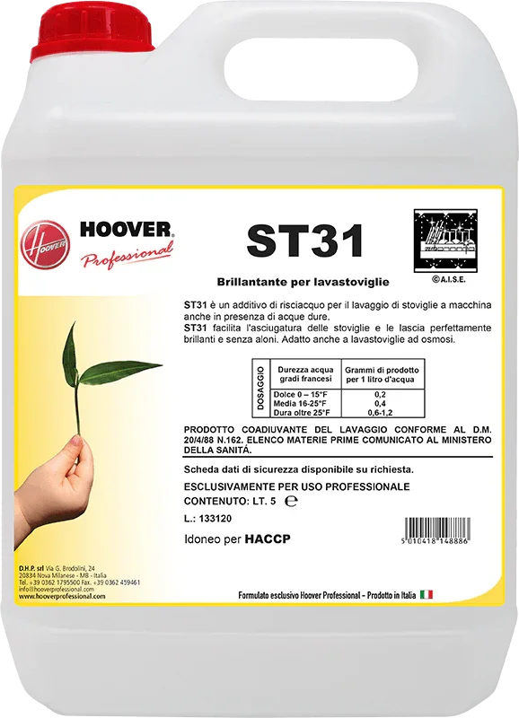 Tanica di brillantante per lavastoviglie professionale ST31 con etichetta descrittiva.