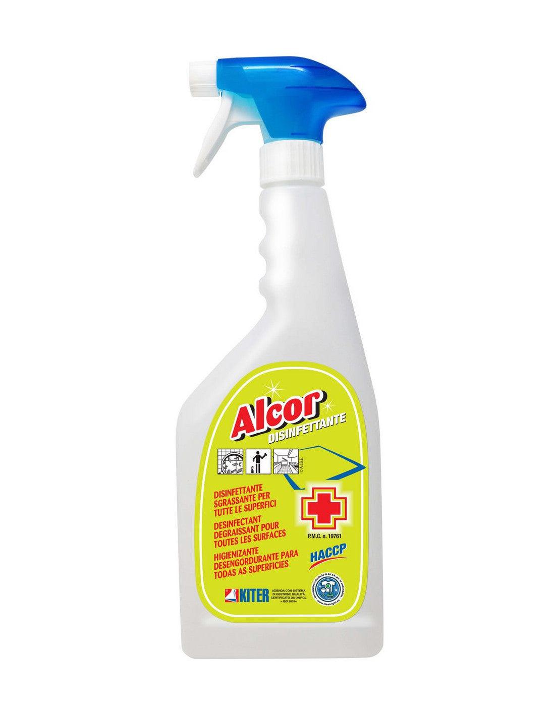 Spray disinfettante sgrassante per superfici Alcor, etichetta gialla, tappo blu