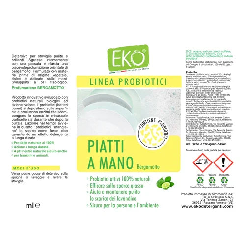Detersivo piatti a mano ai probiotici EKO, etichetta con piatti puliti e bergamotto