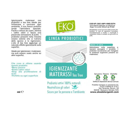 Etichetta di igienizzante materassi ai probiotici, immagine di materasso e dettagli prodotto per pulizia professionale.