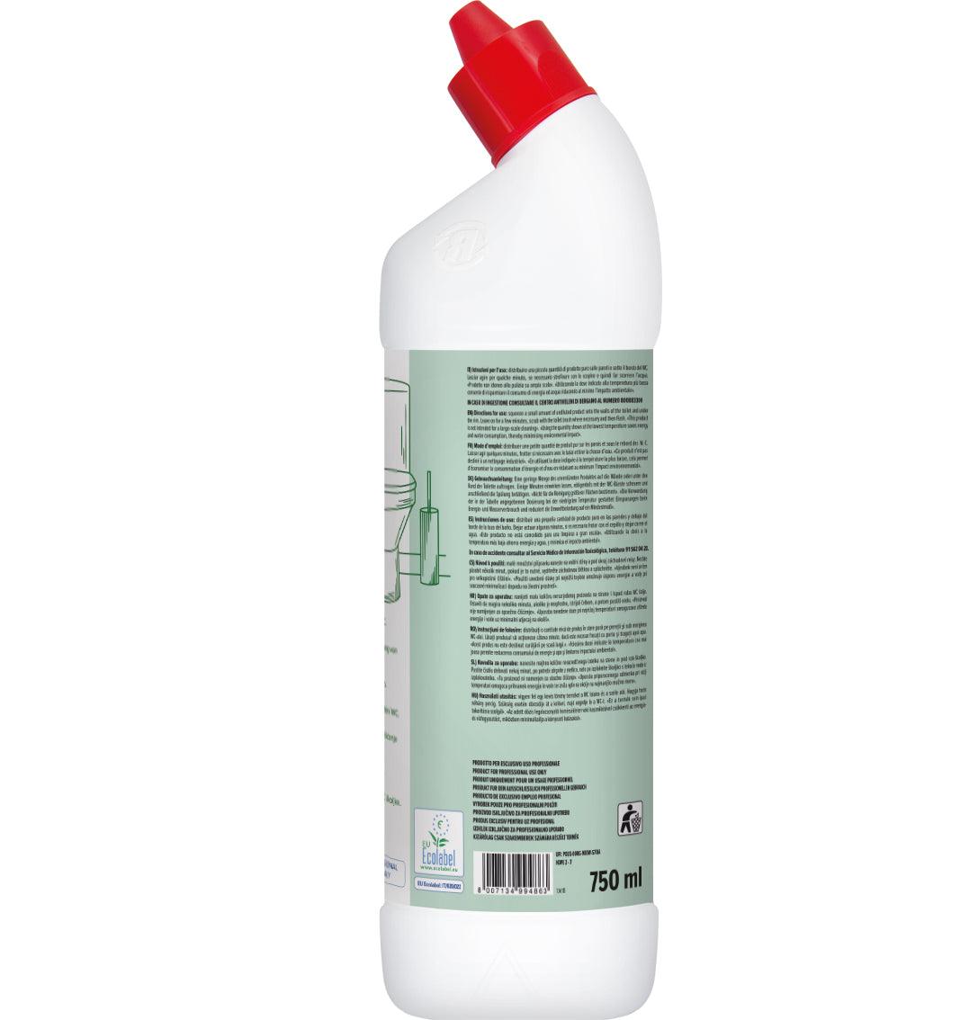 Retro di flacone detergente wc eco verde da 750 ml con tappo rosso, etichetta informativa.