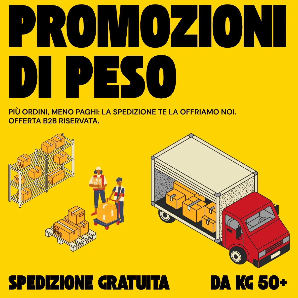 Promozione spedizione gratuita da 50 kg, camion, scatole e operatori su sfondo giallo.