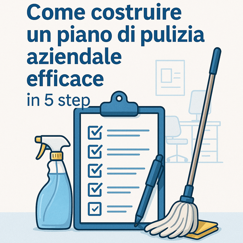 Checklist piano pulizia aziendale con mop, spray e penna in ufficio