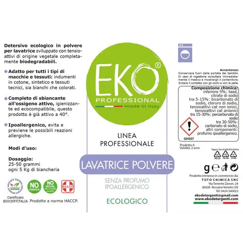 Detersivo lavatrice in polvere EKO professionale, ipoallergenico ed ecologico, senza profumo.