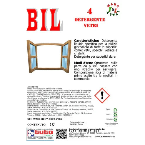 BIL 4 Vetri e specchi | Detergente igienizzante professionale per vetri e specchi