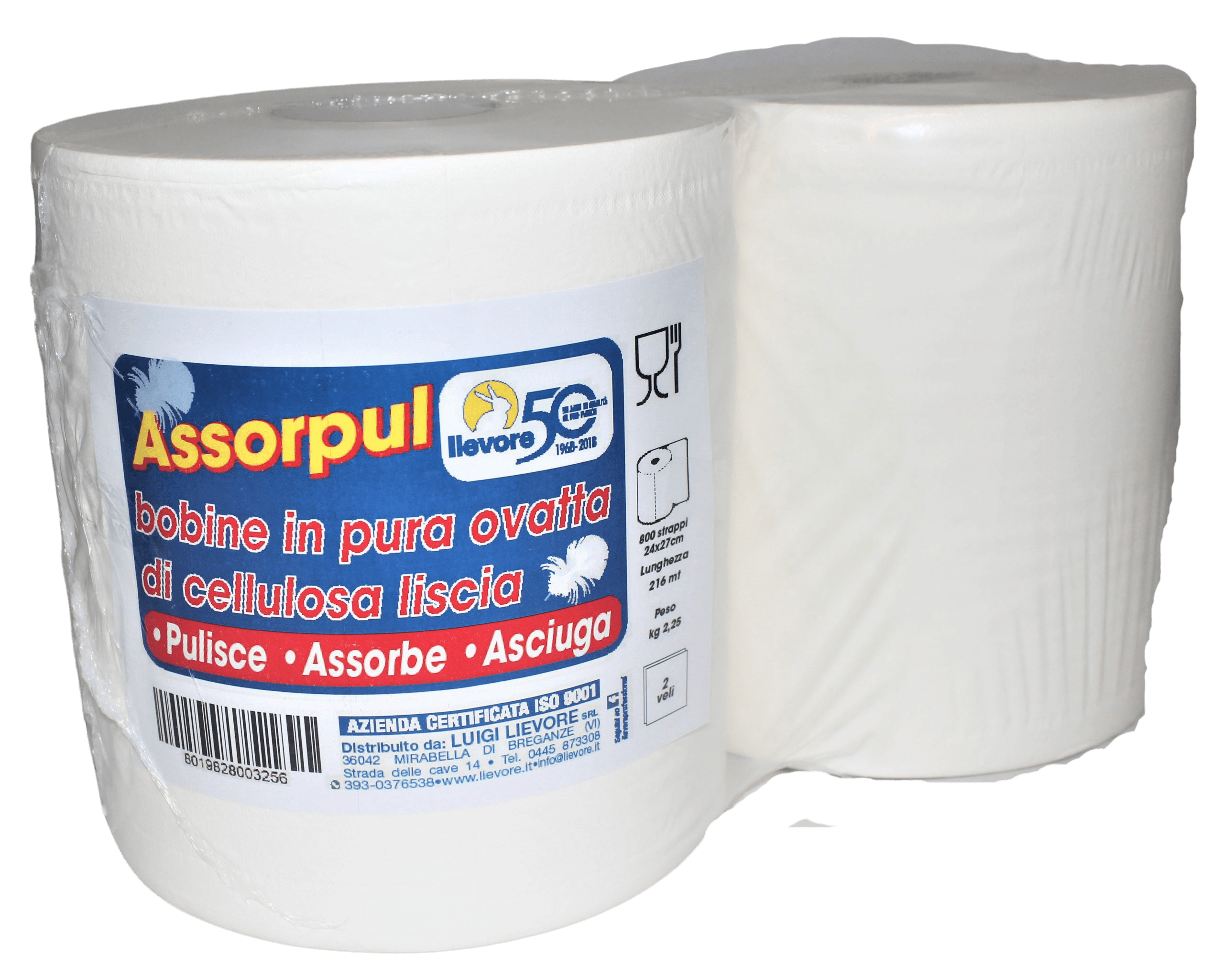 ASSORPUL bobine in pura ovatta di cellulosa liscia| 2 pz | 2 veli | 216 mt