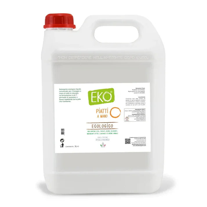 Tanica detergente piatti a mano ecologico EKO da 5 litri con tappo rosso, etichetta bianca.