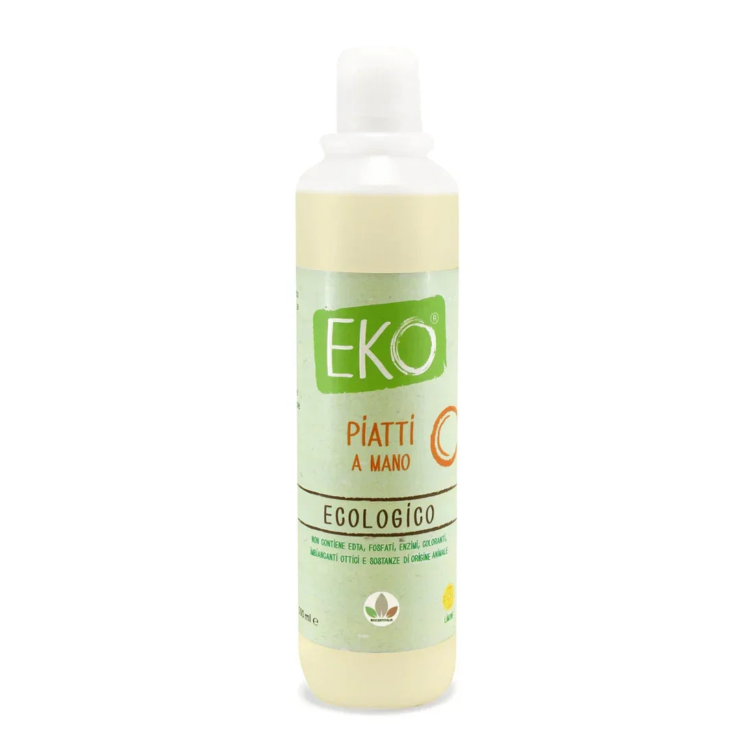 Detersivo ecologico per piatti a mano EKO, bottiglia con etichetta verde.