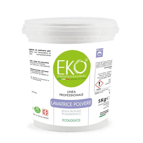 Secchio da 5 kg di detersivo in polvere ecologico per lavatrice EKO Professional, uso professionale.