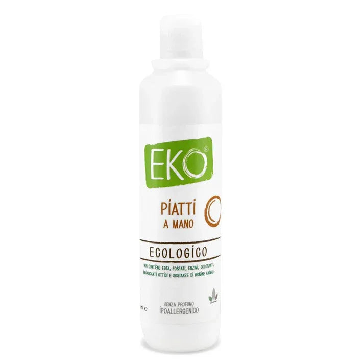 Detergente piatti ecologico EKO, flacone bianco ipoallergenico per pulizia professionale
