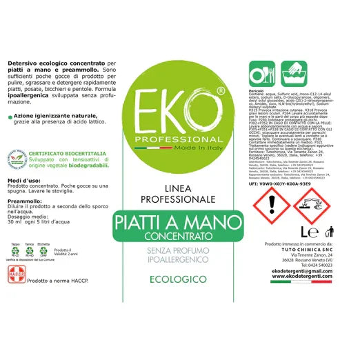 Detersivo piatti a mano concentrato EKO Professional 5L, ecologico, senza profumo, uso professionale.